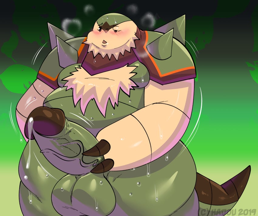 1boy 2019 alternate_color anthro anthrofied belly big_belly big_penis blush bodily_fluids chesnaught chest_tuft chubby claws dated digital_media_(artwork) erection fur furry genital_fluids hi_res humanoid_penis male male_only masturbation moobs nintendo nude obese open_mouth original_character overweight overweight_male penis pokemon pokemon_(species) pokemon_xy precum satsui-n0-had0u shell simple_background solo soulteam sweat tail testicles text thick_thighs tuft veins video_games watermark wet wide_hips