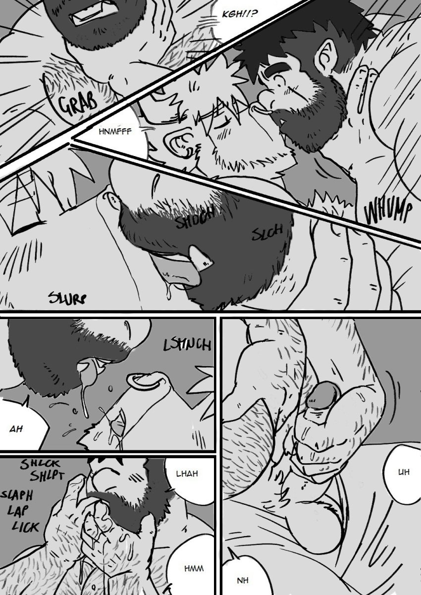 2boys bed bovine comic dialogue erection french_kissing gay human humanoid husky92 kissing male male/male male_only mammal minotaur monochrome orc orc_male penis piercing saliva tongue yaoi