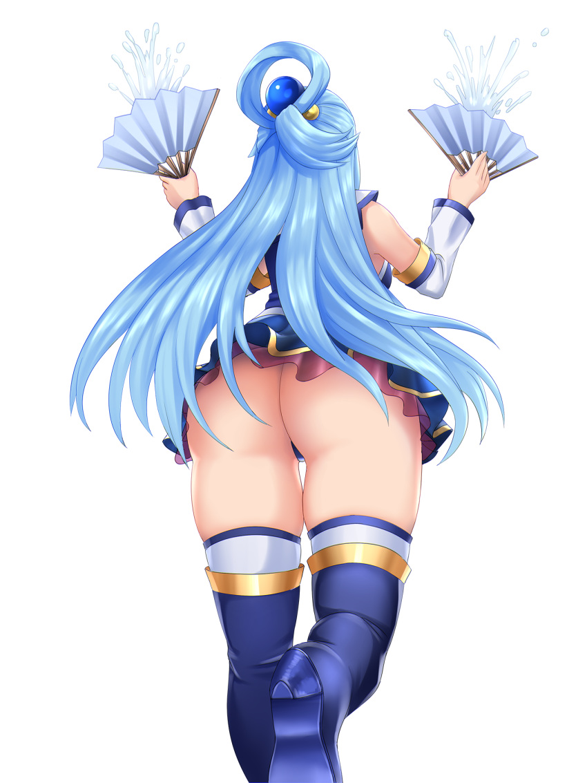 aqua_(konosuba) arched_back ass bare_shoulders blonde_hair blue_footwear blue_shirt blue_skirt blue_thong boots breasts detached_sleeves fan female folding_fan foreshortening frilled_skirt frills from_behind hair_ornament hair_rings hands_up high_heel_boots high_heels highres holding holding_fan kono_subarashii_sekai_ni_shukufuku_wo! kuronerinka leaning_forward leg_up long_hair magic medium_breasts microskirt nyatokanyaru perspective shirt simple_background skirt solo standing standing_on_one_leg thigh_boots thigh_gap thighhighs thighs thong upskirt very_long_hair water white_background