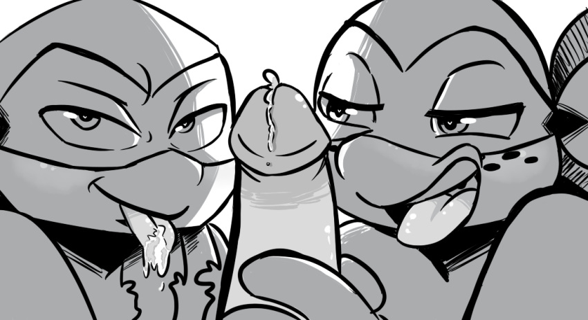 anthro cum duo humanoid_penis inkyfrog male michelangelo monochrome open_mouth penis raphael reptile scalie teenage_mutant_ninja_turtles tongue tongue_out turtle yaoi