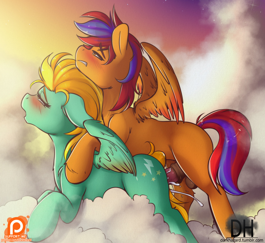 2016 animal_genitalia animal_penis blush cloud cum cum_inside cutie_mark duo equine equine_penis fan_character feathered_wings feathers feral friendship_is_magic highres hooves horsecock lightning_dust_(mlp) male mammal multicolored_hair my_little_pony on_cloud open_mouth outdoors patreon pegasus penis sex sugarlesspaints testicles two_tone_hair wings