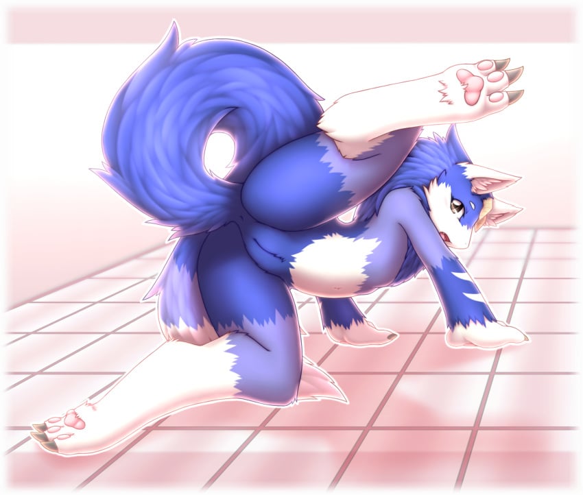 2016 anthro blue_fur canine female fur hazukikai mammal monster_farm nude solo spread_legs spreading wolf