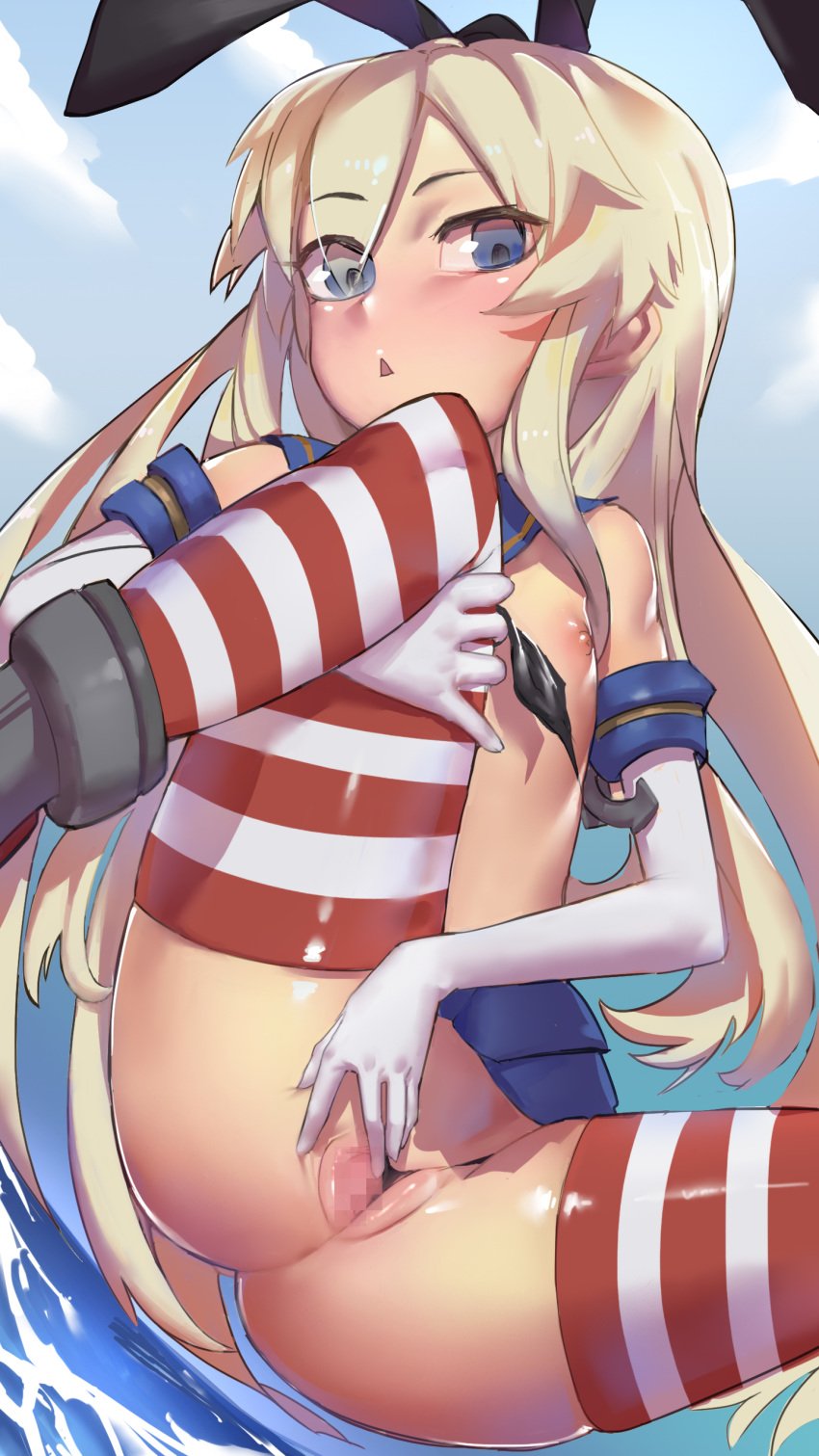 :< blonde_hair censored cloud day elbow_gloves eyebrows female flat_chest hair_ornament kantai_collection long_hair looking_at_viewer mosaic_censoring navel nipples open_mouth pussy senkou_tobaku shimakaze_(kantai_collection) shiny shiny_clothes shiny_skin skirt sky solo spread_pussy squatting striped striped_legwear thighhighs water white_gloves