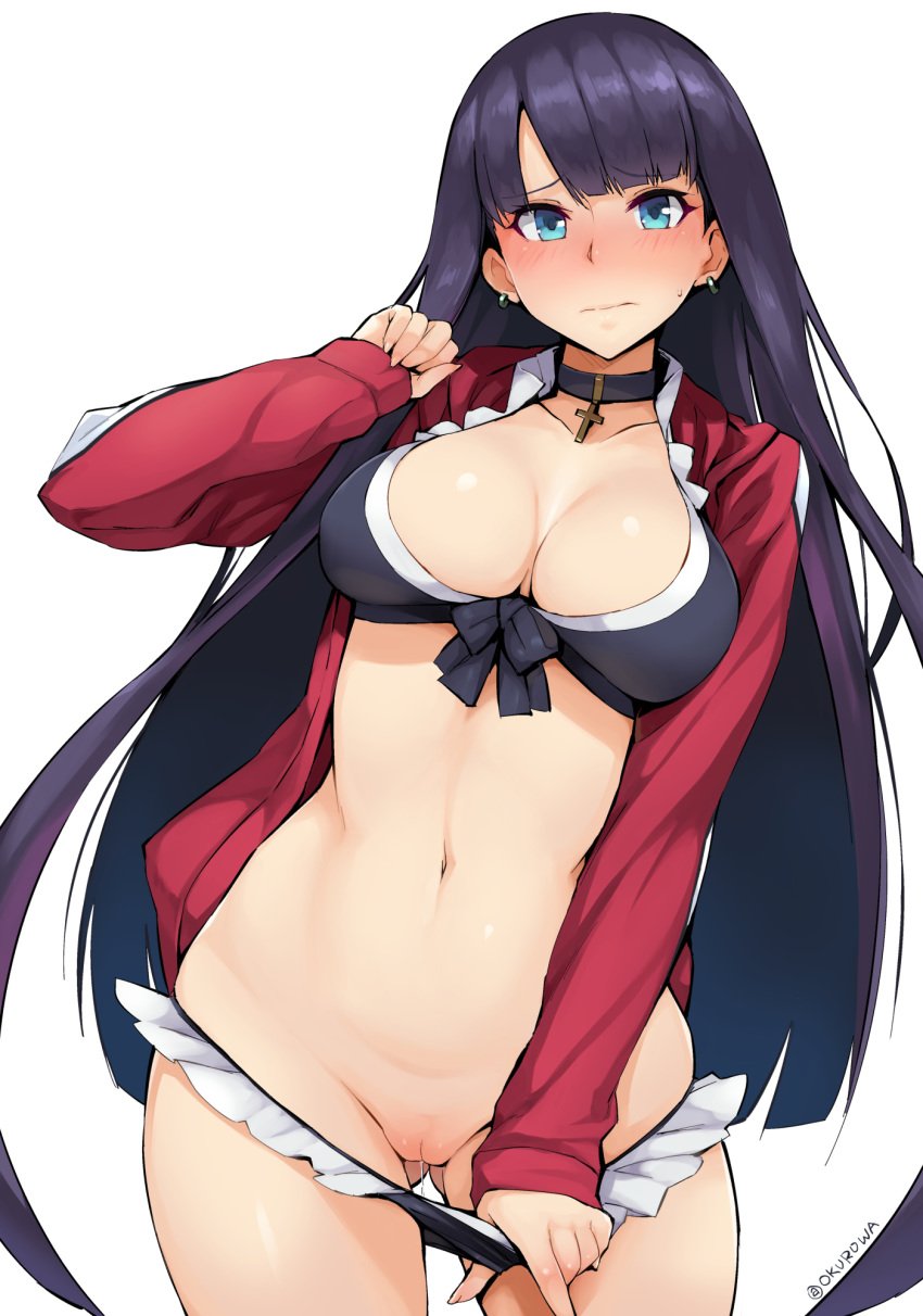 bikini bikini_pull blue_eyes blush breasts choker cleavage collarbone cross earrings embarrassed fate/grand_order fate_(series) female frilled_bikini frills front-tie_top highres jacket jacket_over_swimsuit jewelry large_breasts long_hair navel netlk purple_hair pussy pussy_juice saint_martha solo sweatdrop swimsuit twitter_username uncensored