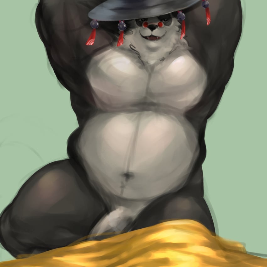 anthro asian_conical_hat bear belly biceps clothing cryingfatcat eyewear flaccid fur genitals giant_panda glasses hat headgear headwear hi_res male mammal mihoyo multicolored_body multicolored_fur musclegut muscular navel nude pan_yin_hu pecs penis raised_arms smile solo zenless_zone_zero