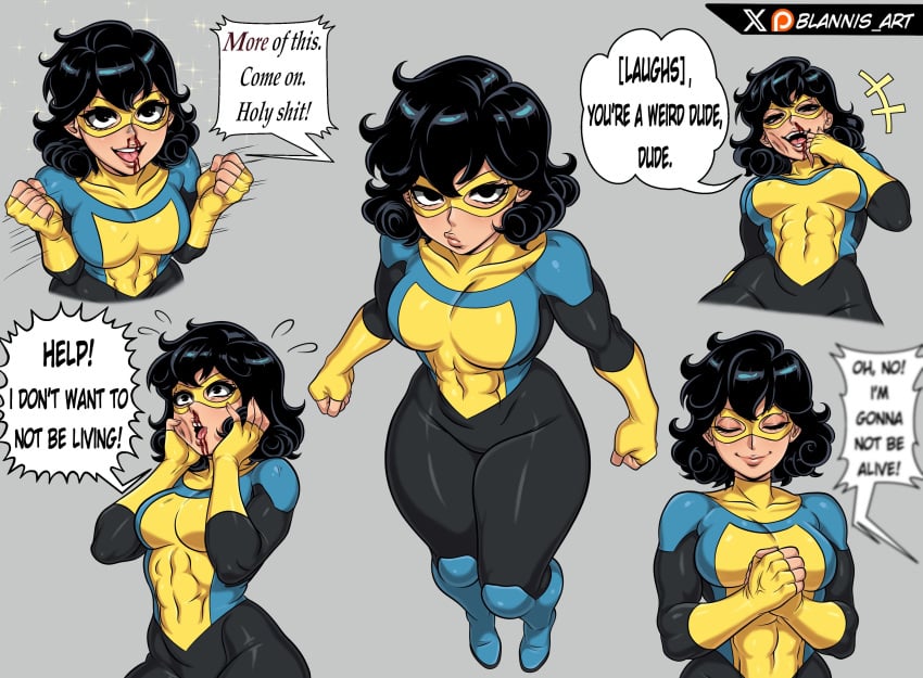 black_eyes black_hair blannis_art blood bruise clothed clothed_female female female_invincible female_only genderswap genderswap_(mtf) grey_background invincible invincible_(superhero) mark_grayson meme meme_reference no_goggles_mark_(invincible) nosebleed rule_63 short_hair simple_background solo