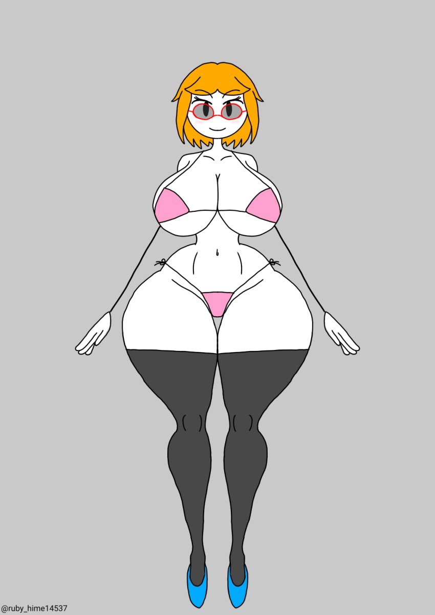 1girls big_breasts bikini breasts female glasses grey_background legwear orange_hair original_character pink_bikini red_glasses solo stickman stockings white_body
