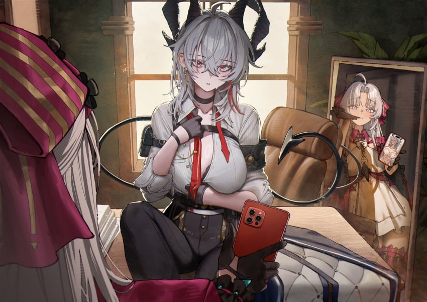 2girls aqua_eyes arm_pouch armband betabeet biting biting_glove black_armband black_bra black_choker black_gloves black_horns black_pants black_pouch black_tail blush bow bra bra_peek breasts carlotta_(wuthering_waves) cellphone choker collarbone commentary curled_horns demon_tail desk dress earrings female gloves grey_hair hair_between_eyes hairbow hashtag-only_commentary highres holding holding_phone horns jewelry key_earrings large_breasts long_hair looking_at_viewer multicolored_hair multiple_girls necktie on_desk pants parted_lips phone pink_bow red_eyes red_necktie reflection shirt shirt_tucked_in sitting smartphone streaked_hair striped_bow tail thighs underwear undone_necktie white_dress white_hair white_shirt wuthering_waves zani_(wuthering_waves)