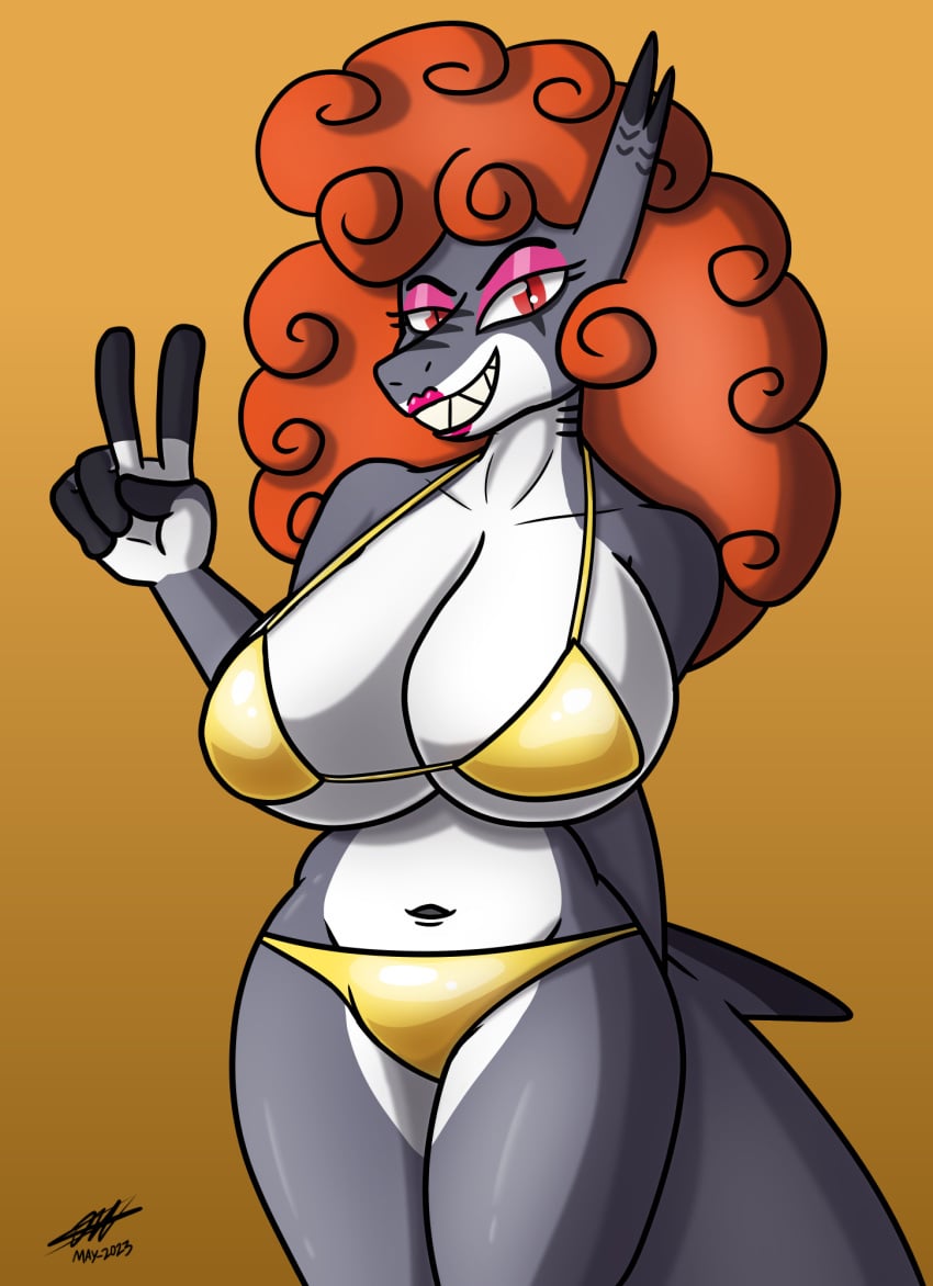 anthro curly_hair female fish golden_bikini hair hi_res humanoid lips mackerel_shark marine orange_hair phalanx_b_deer shark solo stellar_moonnight_(pbd) trend white_shark