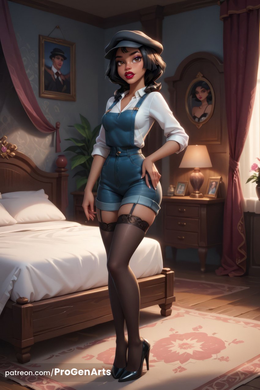 1girls ai_generated artist_name atlantis:_the_lost_empire audrey_ramirez bed bedroom black_footwear black_hair black_thighhighs braid breasts brown_eyes collared_shirt curtains disney female flower full_body garter_straps hand_on_own_hip hat hi_res high_heels indoors lamp lips lipstick looking_at_viewer makeup medium_breasts nail_polish nose overalls parted_lips patreon_username pillow plant progenarts red_lips shirt sleeves_rolled_up solo standing thighhighs twin_braids watermark web_address white_shirt wooden_floor
