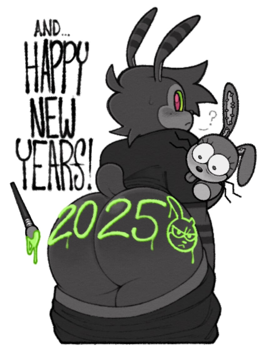 2025 ambiguous_gender anthro arthropod ass bee big_butt blush blush_lines bottomless bottomwear bottomwear_down bow_tie brown_body brown_eyes brown_fur brush bubble_butt butt_focus canid canine canis clothed clothing clothing_around_legs domestic_dog duo five_nights_at_freddy's five_nights_at_freddy's:_help_wanted fur glitchtrap green_sclera greyscale hair hi_res holidays hybrid hymenopteran insects lagomorph leporid looking_at_viewer looking_back male mammal markings mole_(marking) monochrome nano_(nanocorpx) nanocorpx new_year paint paint_on_body paintbrush pants pants_down partially_clothed pink_eyes plushie presenting presenting_hindquarters question_mark rabbit seam_(sewing) shaded shirt shirtshort_hair short_tail slightly_chubby slightly_chubby_anthro standing stitch_(sewing) striped_body stripes t-shirt tail text text_on_body text_on_butt tongue tongue_out topwear underwear underwear_around_legs underwear_down whiskers