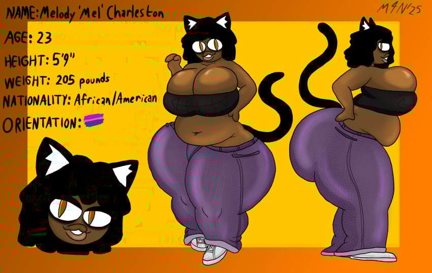 anthro ass belly big_belly big_breasts big_butt black_body bottomwear breasts clothing felid feline female hands_on_waist hi_res huge_breasts huge_butt humanoid hyper hyper_butt lips looking_at_viewer m4n mammal mel_(doom99) model_sheet narrowed_eyes noseless orange_eyes oversized_clothing overweight overweight_anthro overweight_female pants purple_bottomwear purple_clothing purple_pants side_eye_at_viewer solo thick_lips thick_thighs topwear tube_top wide_hips