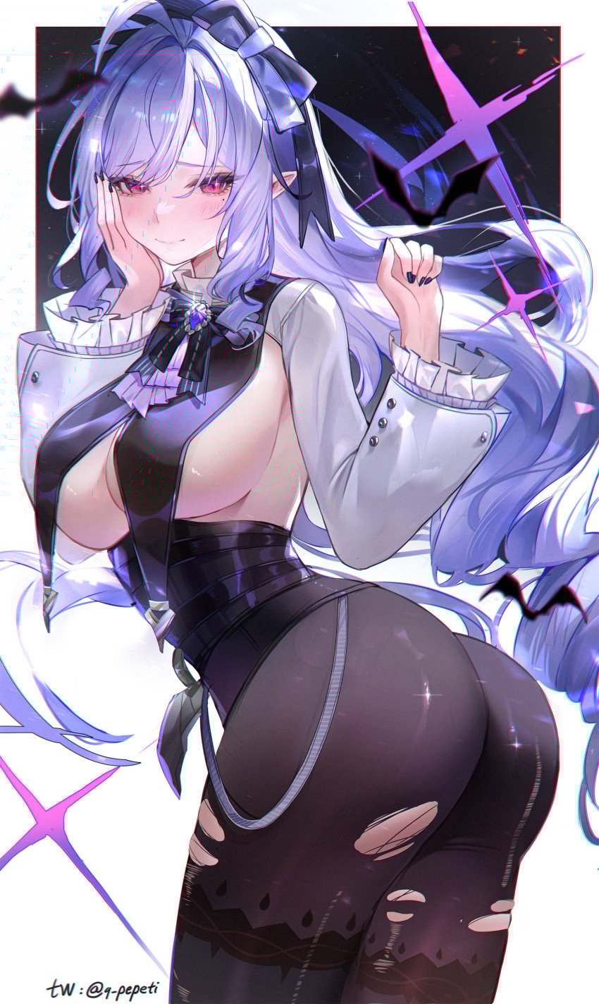 absurdres ass black_nails black_pantyhose blush breast_curtains breasts female from_side hand_on_own_cheek hand_on_own_face highres large_breasts long_hair mole mole_under_eye pantyhose pepeti_q purple_hair red_eyes shrug_(clothing) solo torn_clothes torn_pantyhose twitter_username very_long_hair vivian_(zenless_zone_zero) zenless_zone_zero