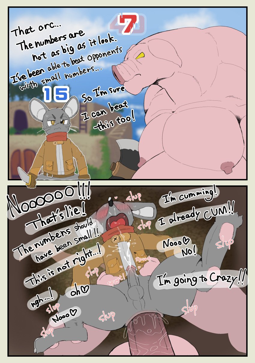 2024 3_toes 5_fingers absurd_res anal anal_sex anthro anthro_on_anthro anthro_only anthro_penetrated anthro_penetrating anthro_penetrating_anthro axe blush bodily_fluids bottomless bottomless_male claws clothed clothing comic cum cum_while_penetrated dialogue domestic_pig drooling duo embarrassed english_text erection feet fingers fist forced fur genital_fluids genitals gloves grey_body grey_fur haizuru half-closed_eyes handwear hi_res holding_axe holding_knife holding_object humanoid_genitalia humanoid_penis instant_loss_2koma knife level_difference male male/male male_only male_penetrated male_penetrating male_penetrating_male male_raped mammal moobs mouse murid murine narrowed_eyes nipples nude_male open_mouth pawpads penetration penis rape red_scarf rodent saliva scarf serious sex speech_bubble spread_legs spreading suid suine sus_(pig) sweat text toes tongue topwear yellow_eyes
