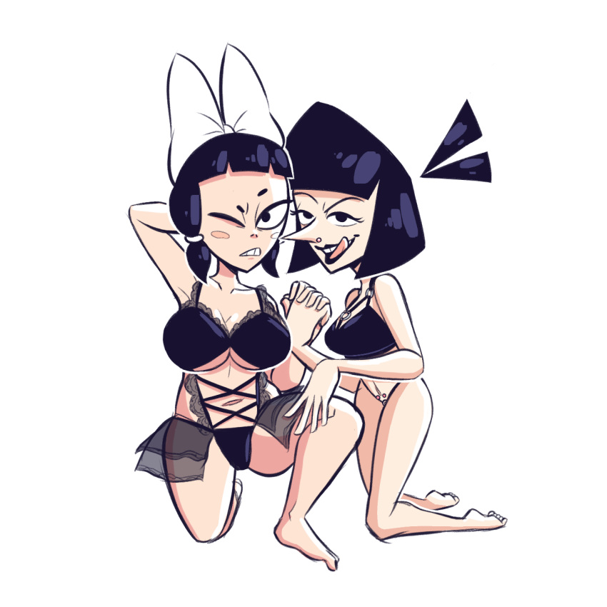 1:1 2girls black_bra black_hair black_panties bob_cut bow clothed lingerie long_nose merken mota_(steecks) mote_(steecks) nose_piercing pinup short_hair steecks subterreanean_homesick_goth_girl tongue tongue_out twintails white_background