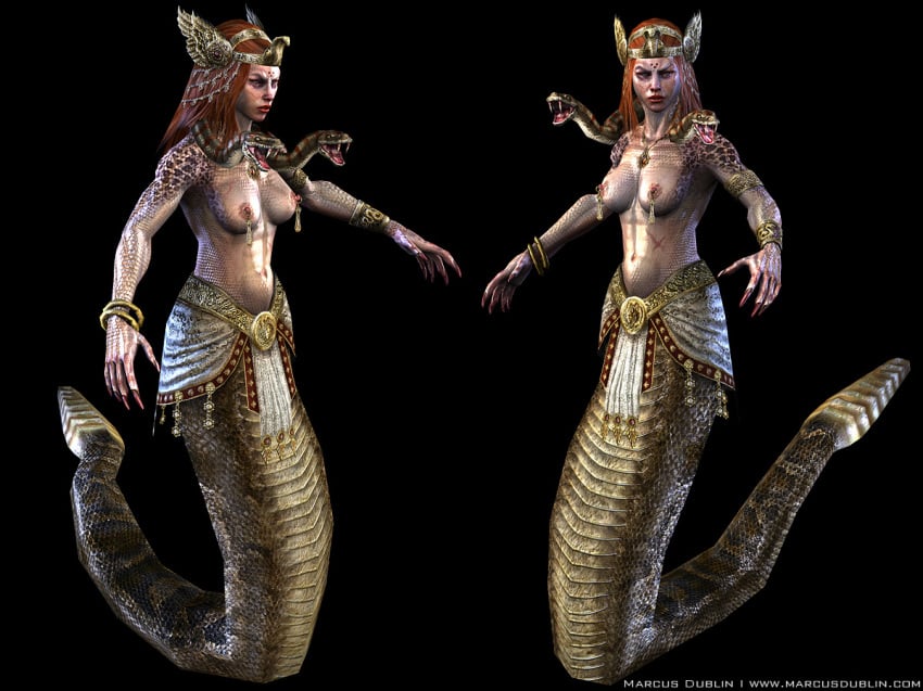 2girls 3d abs angry armpits bare_shoulders black_background blue_eyes bracelet breasts claw cobra crown female female_only full_body furry gorgon greek_mythology lipstick long_hair looking_at_viewer male male_focus marcus_dublin medium_breasts medusa miniskirt mythology nail necklace nipples nude open_mouth piercing red_hair red_lipstick scalie scar shiny skirt snake standing stomach tail tiara