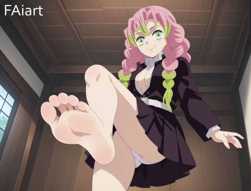 ai_generated barefoot demon_slayer faiart foot_fetish foot_focus from_below kanroji_mitsuri kimetsu_no_yaiba mitsuri_kanroji multicolored_hair pink_hair