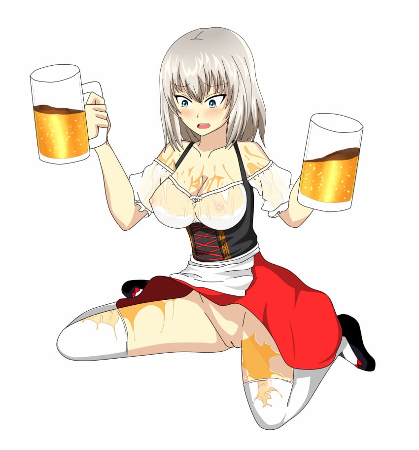 alcohol beer blue_eyes breasts cleavage dirndl dress drink embarrassed female girls_und_panzer itsumi_erika kurihara19830930 large_breasts looking_down nipples no_panties open_mouth pussy red_skirt round_teeth see-through shiny shiny_hair shoes short_hair shy silver_hair sitting skirt solo spread_legs thighhighs tracht uncensored upskirt wariza white_legwear