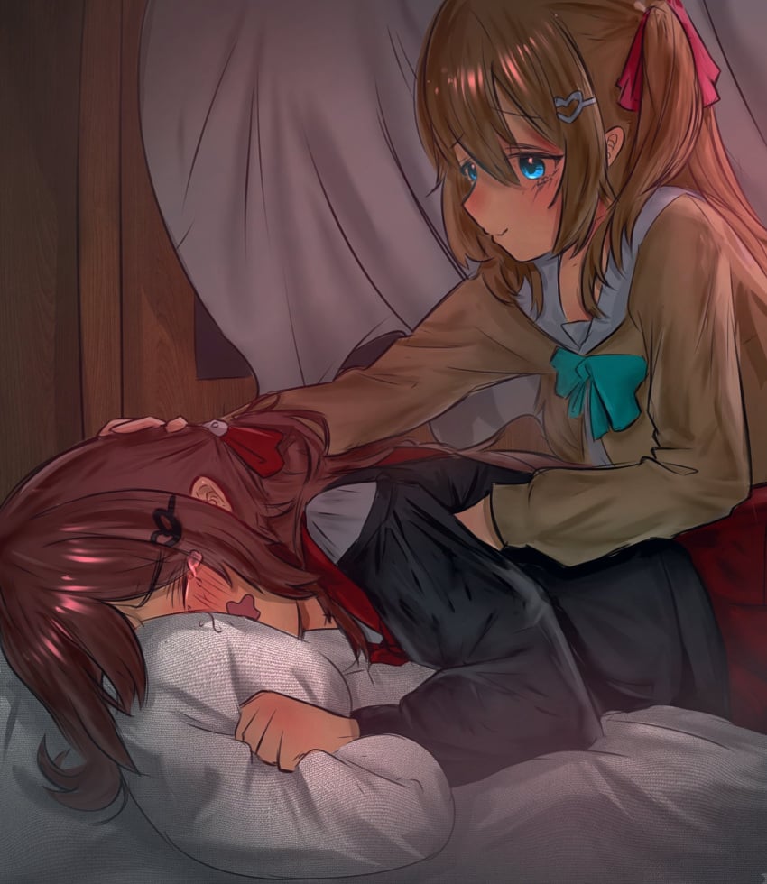 1girls aged_up blue_eyes blush bowtie breasts clothes_pull comforting crying evil_neuro female female_focus female_only growth indie_virtual_youtuber legwear long_hair neuro-sama red_eyes small_breasts tagme tears twintails twitch virtual_youtuber vtuber wholesome
