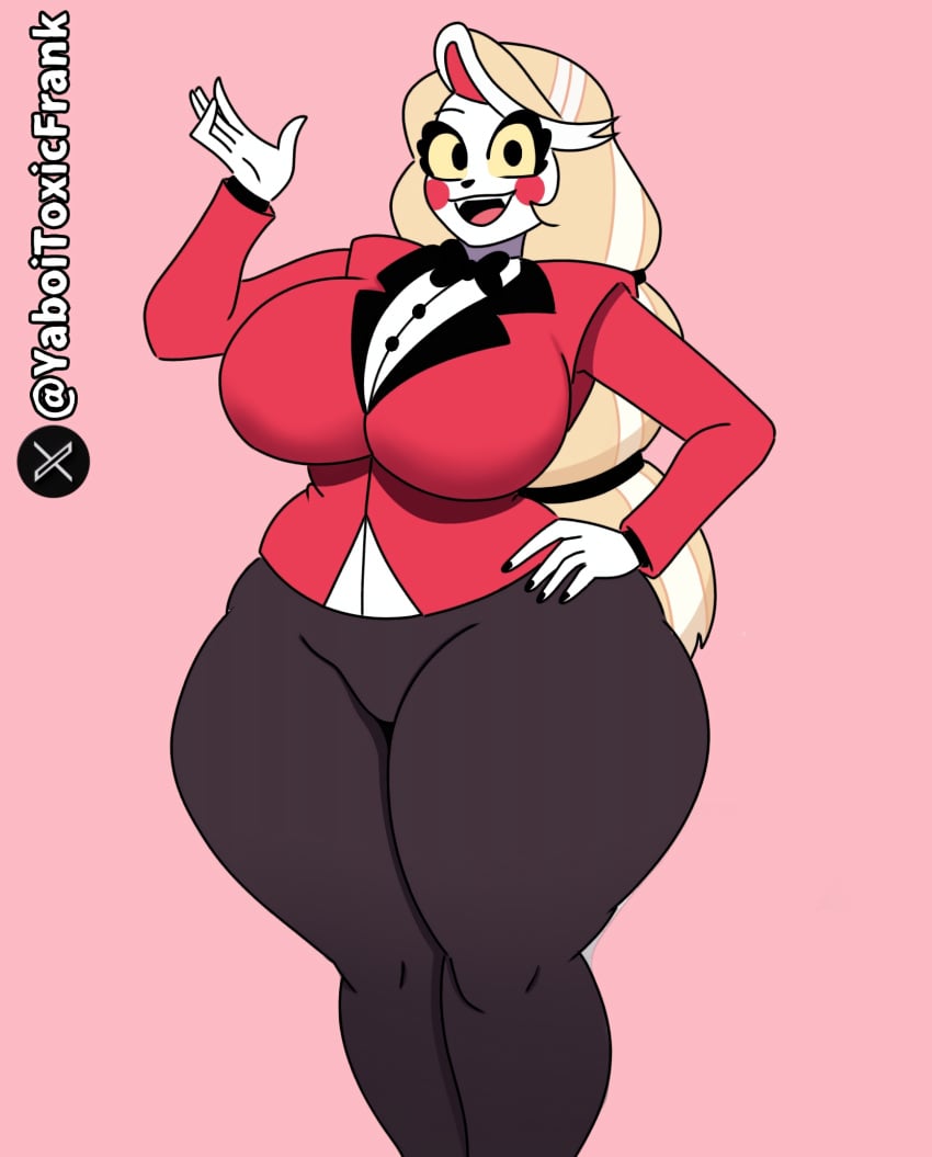 alternate_body_type alternate_breast_size blonde_hair charlie_morningstar charlie_morningstar_(hazbin_hotel) demon demon_girl hazbin_hotel huge_breasts large_hair self_upload suit thick_thighs tight_clothing wide_hips yaboitoxicfrank