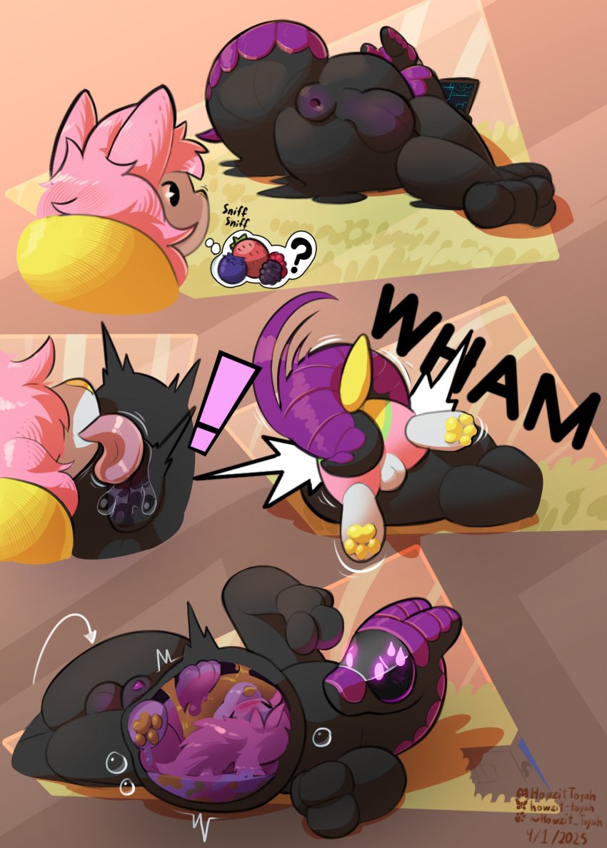 4_panel_comic accidental_vore after_vore anal anal_vore animal_genitalia anthro anthro_on_feral anthro_pred anus backsack balls black_goo blush bodily_fluids computer digestion duo electronics feral feral_prey fur generation_8_pokemon genitals glistening glistening_anus goo_creature gooey_digestion green_body green_fur hi_res howzit_toyah internal laptop larger_pred lying male male/male nintendo on_ground on_side pawpads penis penis_tip pink_body pink_fur pokemon pokemon_(species) puffy_anus purple_body purple_penis purple_scales rimming_male rolling_over saliva scales shallow_rimming sheath size_difference surprise synth_(vader-san) tail tail_motion tail_slap vore white_balls white_body white_fur worried yamper yellow_body yellow_fur yellow_pawpads zoophilia