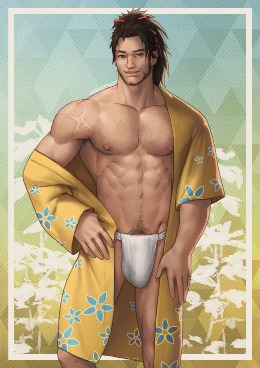 1boy abs balls bara biceps big_bulge body_hair brown_hair bulge chest_hair clothing dreampipe erect_nipples facial_hair final_fantasy final_fantasy_xiv fundoshi hairy_pecs hand_on_thigh happy_trail hien_rijin human human_only male male_chest male_focus male_nipples male_only mature mature_male muscle muscles muscular muscular_male pecs pectorals pose posing pubic_hair scars smile smiling solo solo_focus solo_male standing tied_hair underwear white_fundoshi white_underwear