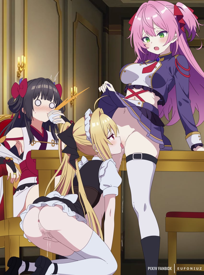 3girls absurdres amatsu_karla anus armpits artist_name ascot ass black_hair black_shoes blonde_hair bow breasts censored clothes_lift commentary_request commission cunnilingus eufoniuz female female_masturbation fingering furrowed_brow green_eyes hairbow high_ponytail highres hikikomari_kyuuketsuki_no_monmon indoors kneeling lifting_own_clothes long_hair long_sleeves maid_headdress masturbation mosaic_censoring multiple_girls navel nelia_cunningham no_panties o_o open_mouth oral pink_hair pixiv_commission pixiv_username pleated_skirt ponytail pussy_juice red_ascot red_bow red_eyes shoes sitting skindentation skirt skirt_lift spit_take spitting table terakomari_gandezblood thighhighs tongue tongue_out two_side_up white_thighhighs yuri