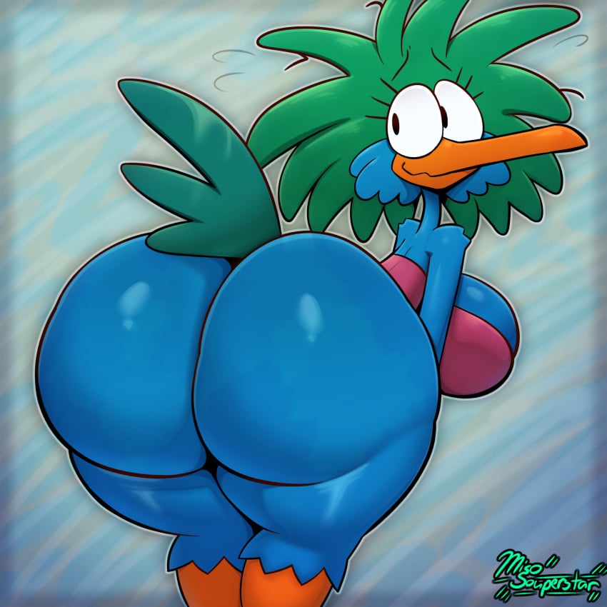 2d 2d_(artwork) 2d_artwork artist_name artist_signature bird bubble_butt furry huge_breasts kuku_(miso_souperstar) miso_souperstar no_pants oc original_character simple_background tank_top_only