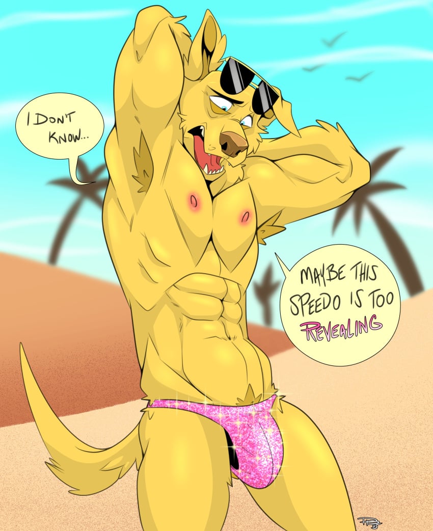 2025 abs absurd_res ambient_bird anthro areola armpit_hair beach biceps big_bulge bird_dog body_hair bojack_horseman bulge canid canine canis clothed clothing day dialogue domestic_dog dragondrawer english_text eyebrows eyewear eyewear_on_head hands_behind_head hi_res hunting_dog labrador looking_down male mammal mr._peanutbutter muscular muscular_anthro muscular_male navel netflix nipples open_mouth outside palm_tree pecs plant pubes retriever sand skimpy solo sparkles speedo standing sunglasses sunglasses_on_head swimwear teeth text tongue topless topless_anthro topless_male tree