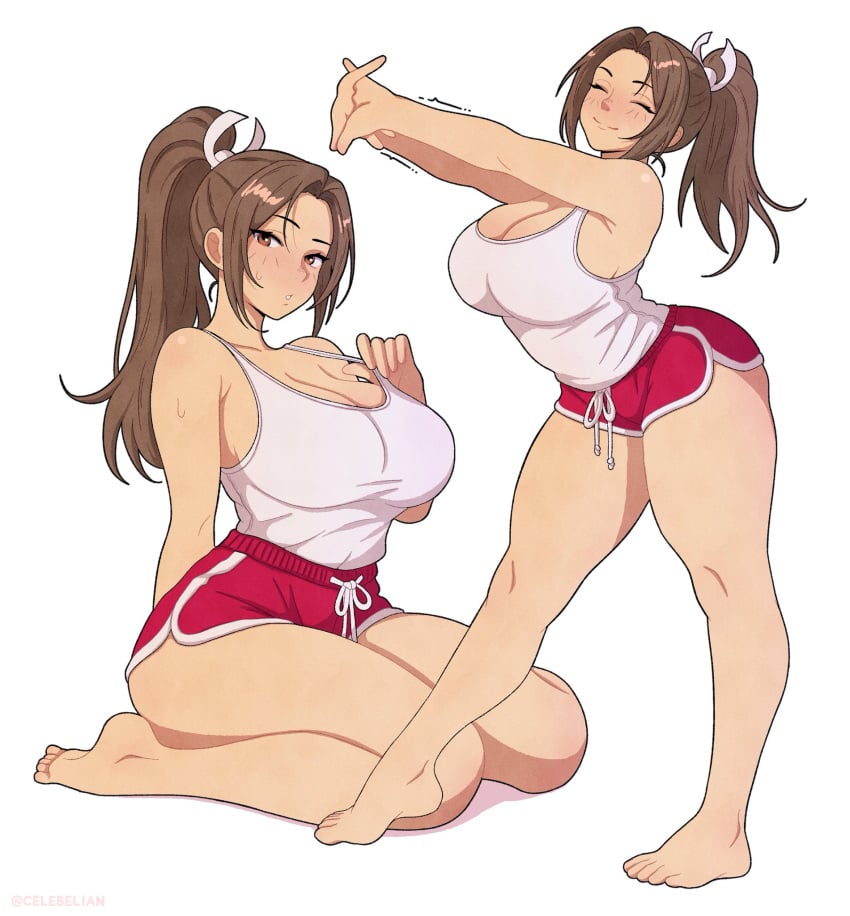 athletic_female big_breasts big_butt celebelian fatal_fury feet king_of_fighters mai_shiranui ponytail short_shorts tank_top white_skin