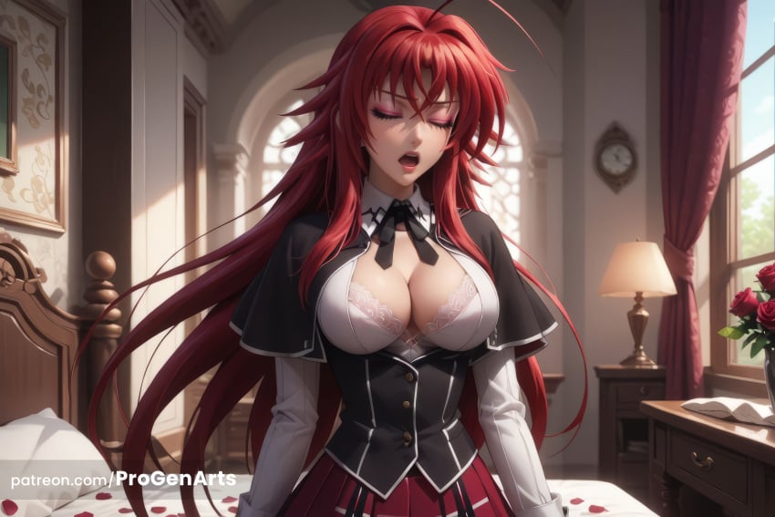 1girls ahoge ai_generated artist_name bed bedroom black_capelet black_corset bra breasts capelet cleavage clock closed_eyes collared_shirt corset curtains female flower hair_between_eyes hi_res high_school_dxd huge_ahoge indoors lamp large_breasts long_hair long_sleeves nose on_bed open_clothes open_mouth open_shirt patreon_username petals pleated_skirt progenarts red_flower red_hair red_rose red_skirt rias_gremory rose school_uniform shirt skirt solo sunlight teeth tongue underwear upper_teeth_only very_long_hair white_bra white_shirt window