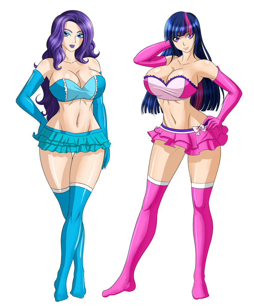 2girls absurd_res absurdres arm armpits arms art bare_shoulders belly big_breasts blue_eyes breasts busty cleavage collarbone elbow_gloves eyeshadow friends friendship_is_magic frilled_skirt frills gloves half-closed_eyes hand_behind_head hand_on_hip high_res highres hime_cut hourglass_figure huge_breasts humanized large_breasts legs legs_crossed lips lipstick long_hair looking_at_viewer makeup midriff mound_of_venus multicolored_hair multiple_girls my_little_pony navel neck parted_lips pink_clothes pink_gloves pink_hair pink_skirt pose posing purple_eyes purple_hair purple_lipstick rarity rarity_(mlp) shiny shiny_hair shiny_skin simple_background skirt smile standing strapless thighhighs tubetop twilight_sparkle twilight_sparkle_(mlp) voluptuous white_background zantyarz