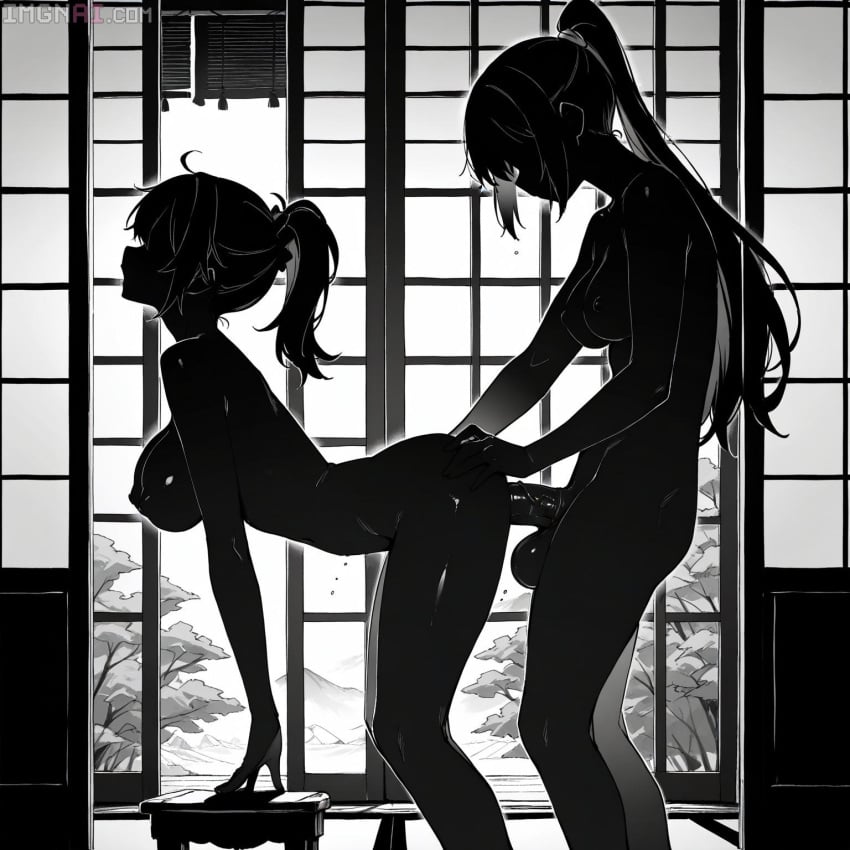 ai ai_assisted ai_generated anime_style anthro bent_over breasts dog_ears doggy_style ears_down ears_up from_side futa_on_female futanari girl high_ponytail horse_penis horse_tail horsecock implied_sex intersex pantyhose penis screen shadows shoji silhouette simulated skirt standing t0xxxfox yuri
