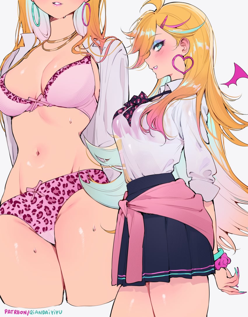 absurdres aqua_eyes blonde_hair blue_skirt blush bra breasts collared_shirt earrings female from_side gyaru highres jewelry large_breasts long_hair long_sleeves looking_to_the_side multiple_views navel open_clothes open_shirt panty_&_stocking_with_garterbelt panty_anarchy parted_lips pink_bra qiandaiyiyu shirt shirt_tucked_in sideways_glance skirt smile stomach thighs underwear white_background white_shirt