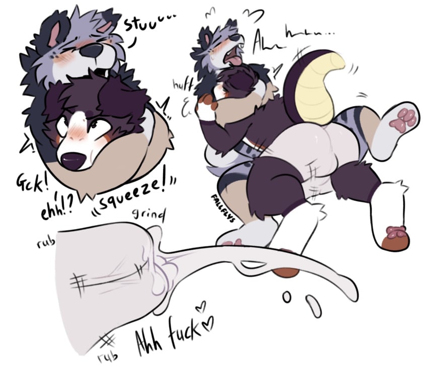2024 anthro australian_shepherd blush bodily_fluids breath bulge bulge_frottage canid canine canis clothed clothing cum cum_in_clothing cum_in_underwear cum_through_clothing cum_through_underwear dialogue domestic_dog dry_humping duo english_text fallflys finn_(flowfell) genital_fluids grinding headlock herding_dog hi_res hug hybrid looking_pleasured lying lying_on_another male male/male mammal on_back on_front orgasm pastoral_dog sheepdog signature simultaneous_orgasms spread_legs spreading stu_(fallflys) text tongue tongue_out topless underwear underwear_only wet wet_clothing wet_underwear wrestling