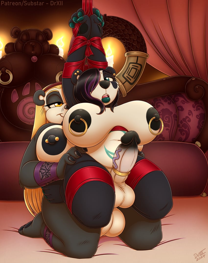 absurd_res accessory anal anthro balls bear bedroom big_breasts blizzard_entertainment bondage bondage bound breasts cock_ring digital_media_(artwork) drxii duo female fen-hua_(drxii) fur genitals giant_panda group group_sex gynomorph hair hi_res huge_breasts intersex intersex/intersex jewelry lei_(nwazet) mammal nipple_piercing nipples pandaren penetration penis penis_accessory penis_jewelry piercing ribbon_bondage ribbons sex shi-niss smile threesome warcraft