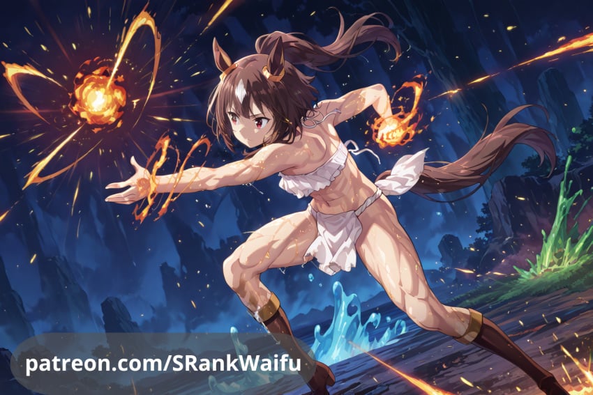 ai_generated demihuman fire fundoshi horse_ears horse_girl horse_tail kono_subarashii_sekai_ni_shukufuku_wo! magic magic_user megumin mountain muscular muscular_female muscular_legs patreon_username ponytail satyr srankwaifu water