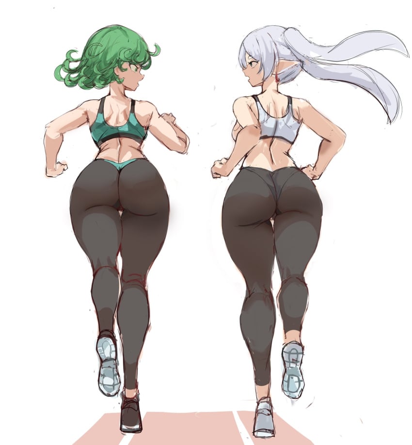 2girls alternate_costume ass back bare_shoulders breasts commentary company_connection crossover curly_hair earrings elf english_commentary female frieren from_behind green_eyes green_hair highres jewelry leggings long_hair looking_to_the_side madhouse midriff multiple_girls one-punch_man panties parted_bangs pear_shaped_figure pointy_ears rakeemspoon running shoes short_hair simple_background sneakers sousou_no_frieren sports_bra tatsumaki thick_thighs thighs twintails underwear white_background white_hair