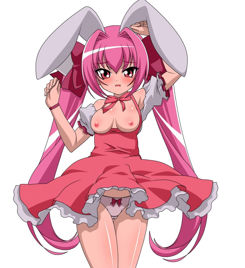 1girls animal_ears bow breasts breasts_out bunny_ears cropped_legs di_gi_charat dice dress female frills hairbow hands_up human large_breasts light-skinned_female light_skin long_hair looking_at_viewer nipples open_mouth panties pink_hair pink_panties red_bow red_dress red_eyes simple_background solo standing tied_hair twintails usada_hikaru wavy_mouth white_background