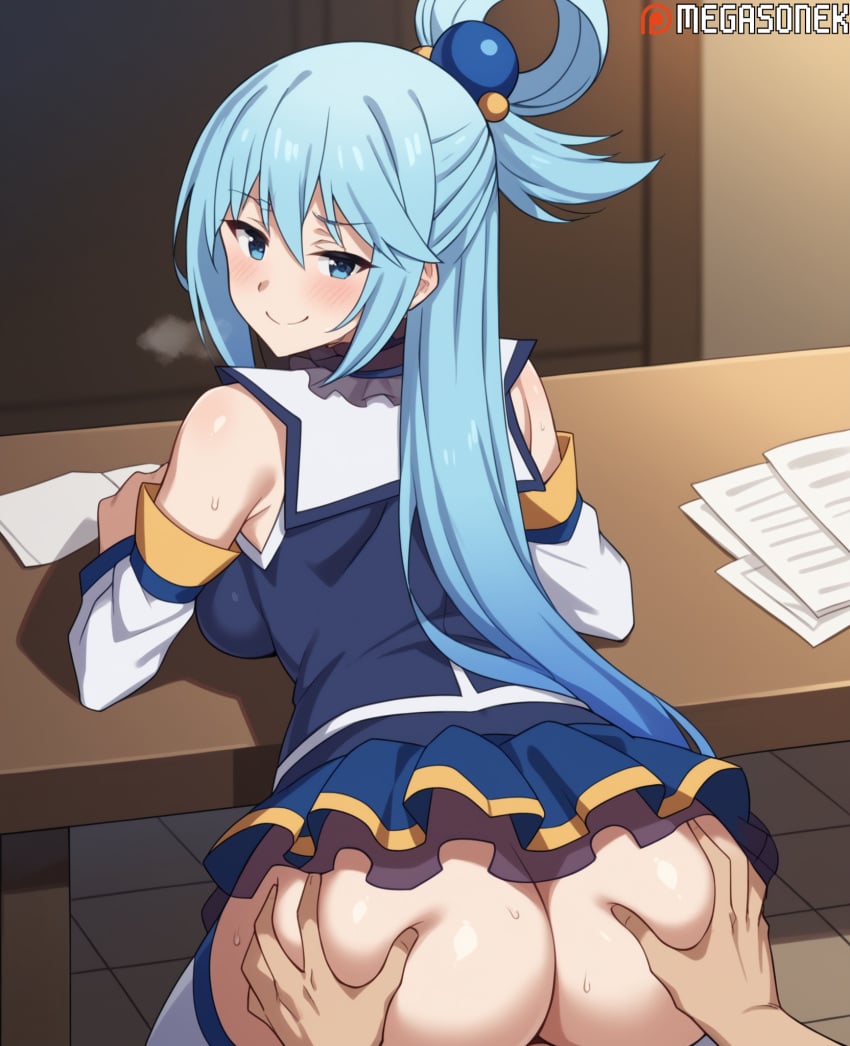 1boy ai_generated aqua_(konosuba) ass ass_grab bangs bare_shoulders blue_eyes blue_hair blue_shirt blue_skirt blush breasts clothed_sex detached_sleeves female hair_ornament hair_rings kono_subarashii_sekai_ni_shukufuku_wo! large_breasts long_hair looking_at_viewer looking_back megasonek no_panties patreon_username sex sex_from_behind shirt skirt sleeveless_shirt smile solo_focus straight sweat thighhighs watermark