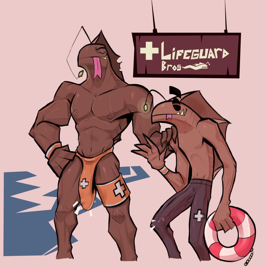 2025 4_fingers absurd_res anthro balls_outline biped black_bottomwear black_clothing black_pants bottomwear brother_(lore) brothers_(lore) brown_body brown_nipples brown_skin bulge closed_eyes clothed clothing detailed_bulge digital_media_(artwork) digital_painting_(artwork) dracks duo eel english_text erection fin fingers fish floating_eyebrows front_view genital_outline genitals grin hand_on_hip hand_on_shoulder hi_res holding_object humanoid_genitalia humanoid_penis illicium legcuffs lexie_(dracks) life_preserver lifeguard lifeguard_swimsuit long_penis male male/male marine muscular muscular_anthro muscular_male navel nipples painting_(artwork) pants pants_only penis penis_outline pink_background razor_(dracks) sharp_teeth sibling_(lore) sign simple_background smile standing teeth text thin_penis thong thong_only tongue tongue_out topless underwear underwear_only