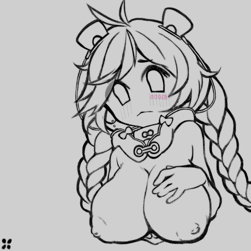 1girls :< blush braids breasts breasts_out closed_mouth cropped_torso female female_only huge_breasts ibpixxel long_hair monochrome rana_(vocaloid) solo solo_female twin_braids upper_body vocaloid