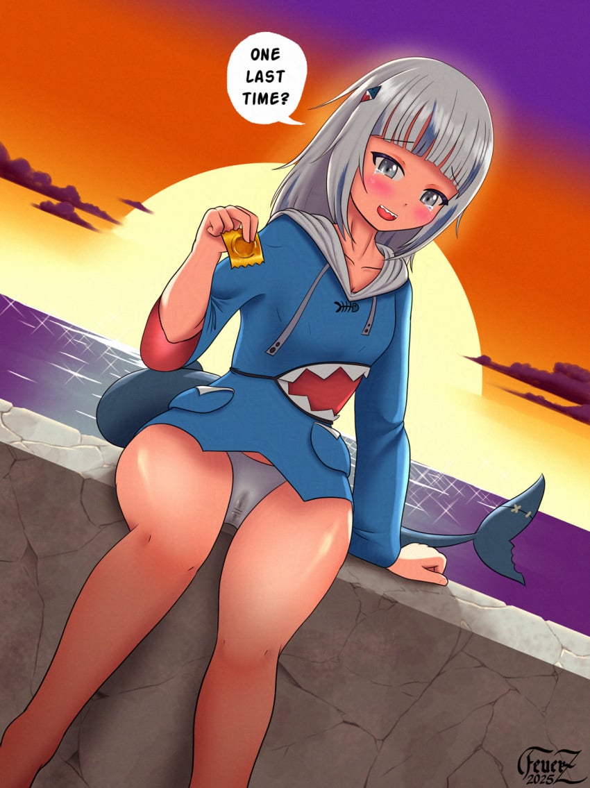 condom feuerz gawr_gura hololive_english looking_at_viewer panties self_upload smile sunset tears tilted_head virtual_youtuber white_hair