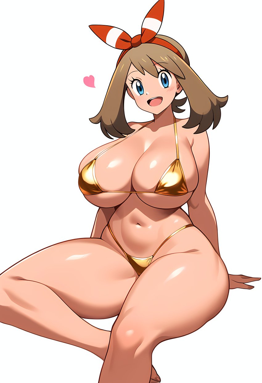 absurd_res ai_generated anime_style big_breasts bikini bikini_bottom bikini_top brown_hair cleavage female flag gamefreak gloves gold_bikini hand_on_hip high_res huge_breasts human large_breasts may_(pokemon) nintendo pokemon pokemon_(anime) smile