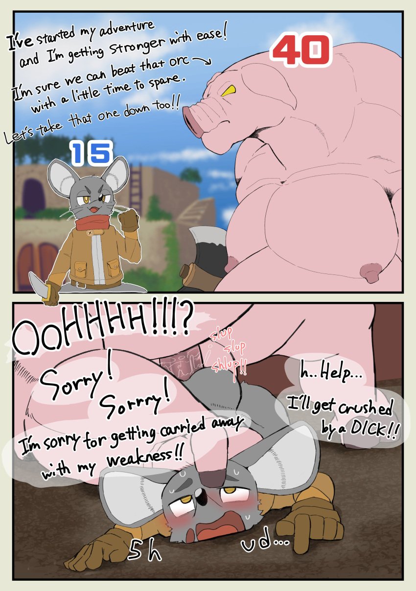 2024 5_fingers absurd_res anal anal_sex anthro anthro_on_anthro anthro_penetrated anthro_penetrating anthro_penetrating_anthro axe blush bodily_fluids bottomless bottomless_male clothed clothing comic dialogue domestic_pig drooling duo embarrassed english_description english_text erection fingers fist forced fur genitals gloves grey_body grey_fur haizuru handwear hi_res holding_axe holding_knife holding_object humanoid_genitalia humanoid_penis instant_loss_2koma knife level_difference looking_pleasured lying lying_on_ground male male/male male_penetrated male_penetrating male_penetrating_male male_raped mammal moobs mouse murid murine nipples nude_male on_front on_ground open_mouth penetration penis rape red_scarf rodent saliva scarf serious sex speech_bubble suid suine sus_(pig) sweat text tongue topwear yellow_eyes