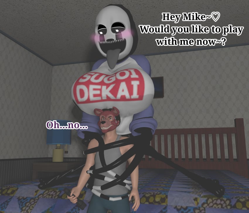3d animatronic bed bedroom five_nights_at_freddy's foxy_bro huge_breasts human humanoid michael_afton nightmarionne source_filmmaker sugoi_dekai teenager text yuuki_momofox