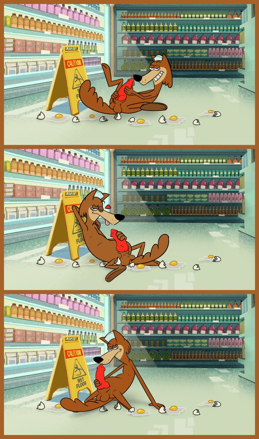 absurd_res anthro aroused aroused_face aroused_smile balls bent_legs bob-jiggles brown_body brown_fur canid canine canis cartoon_network clothing detailed_background egg egg_sac eggshell erection fluffy fluffy_tail fur genitals grin grinning_at_viewer half-closed_eyes hand_behind_head hat hbo_max headgear headwear heart_symbol hi_res jellystone_(hbo_max) knot leaning leaning_on_object leaning_on_sign legs_up looking_at_viewer lying male mammal mildew_wolf narrowed_eyes on_back one_eye_closed penis screencap screencap_background sign slightly_chubby smile smiling_at_viewer smirk smirking_at_viewer solo spread_legs spreading store store_clerk store_sign tail tongue tongue_out warner_brothers wink winking_at_viewer wolf