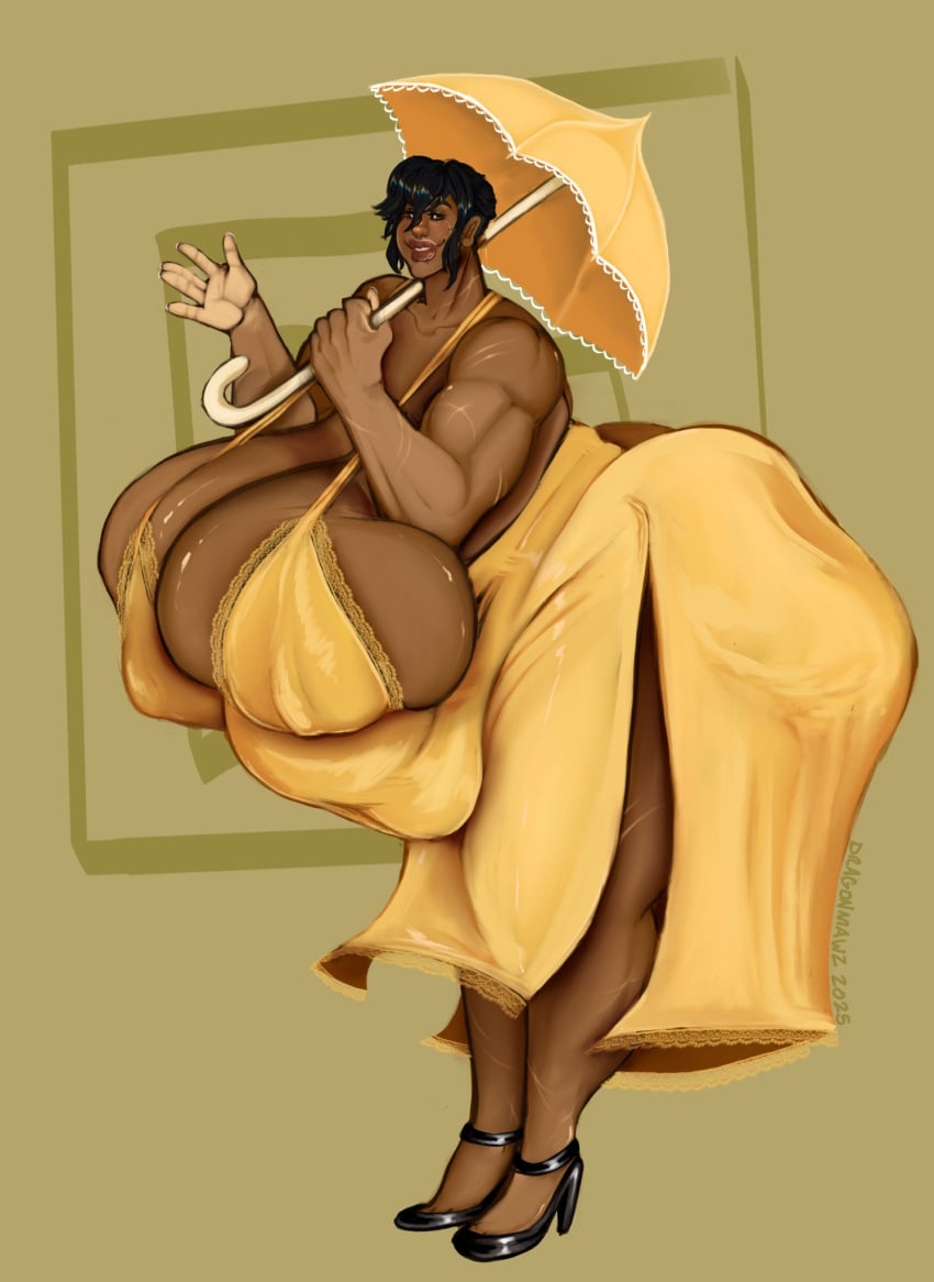 1girls anne_(owlizard) bbw black_shoes dark-skinned_female dragonmawzx dragonmawzx dress fat gigantic_breasts high_heels huge_belly lips muscular_arms muscular_female short_hair solo strongfat thick_thighs yellow_dress