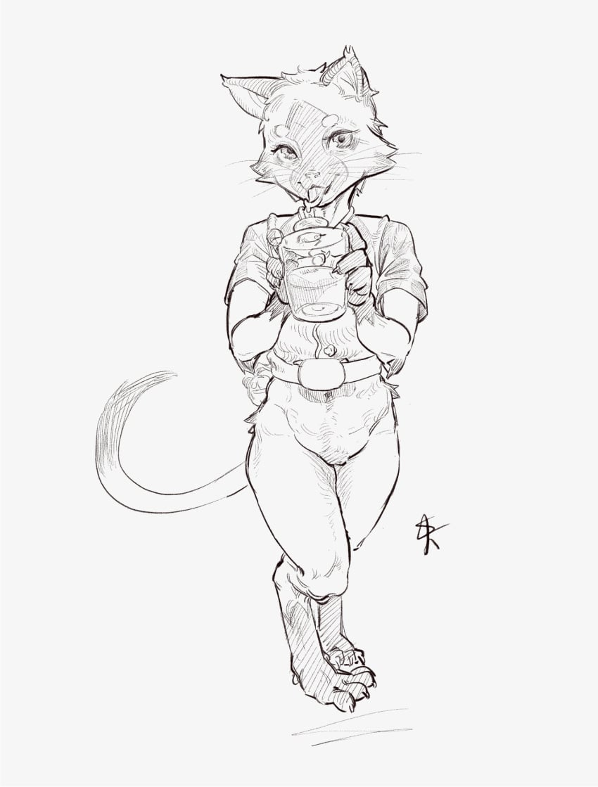 anthro beverage biped bottomless cheek_tuft claws clothed clothing digital_drawing_(artwork) digital_media_(artwork) digitigrade domestic_cat eyebrows facial_tuft feet felid feline felis female hi_res hindpaw holding_beverage holding_object looking_at_viewer mammal paws pubes shirt simple_background skeleton265 solo standing t-shirt tail tongue tongue_out topwear tuft whiskers