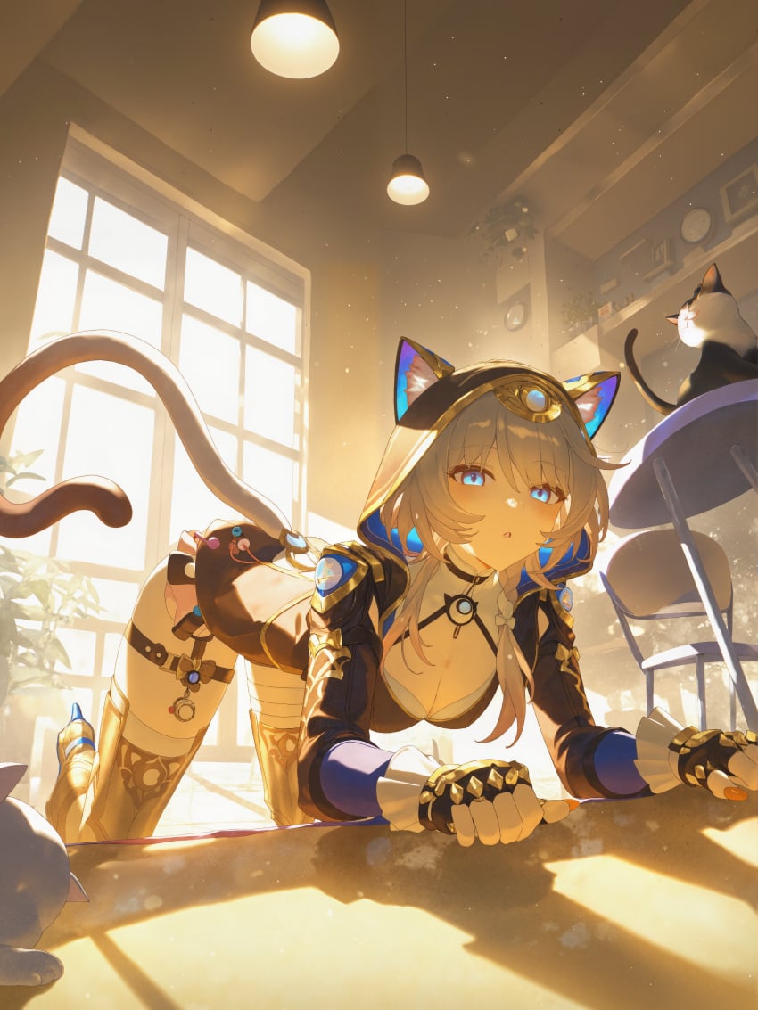 :o absurd_res ai_generated all_fours animal animal_ears animal_hood backlighting black_cat black_choker black_gloves black_jacket black_shorts blue_eyes blue_jacket blue_pupils blush boots breasts cafe cat_ears cat_girl cat_hood cat_tail ceiling_light chair choker cipher_(honkai:_star_rail) cleavage cleavage_cutout clothing_cutout cropped_jacket day fake_animal_ears fake_tail feline female fingerless_gloves full_body gloves grey_hair hair_between_eyes high_heel_boots high_heels honkai:_star_rail honkai_(series) hood hood_up hooded_jacket hoodie indoors jacket jewelry lamp large_breasts light light_particles long_hair long_sleeves looking_at_viewer medium_breasts medium_hair ministro nail_polish on_floor open_mouth orange_nails parted_lips picture_frame plant shadow short_hair_with_long_locks short_shorts shorts sidelocks solo stool sunlight table tail thigh_boots thigh_strap thighhighs thighs white_hair white_thighhighs window window_shade
